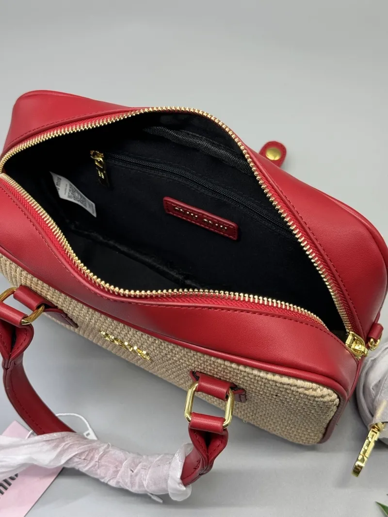 Miu Miu Beige Red Woven Top Handle Bag - Image 7