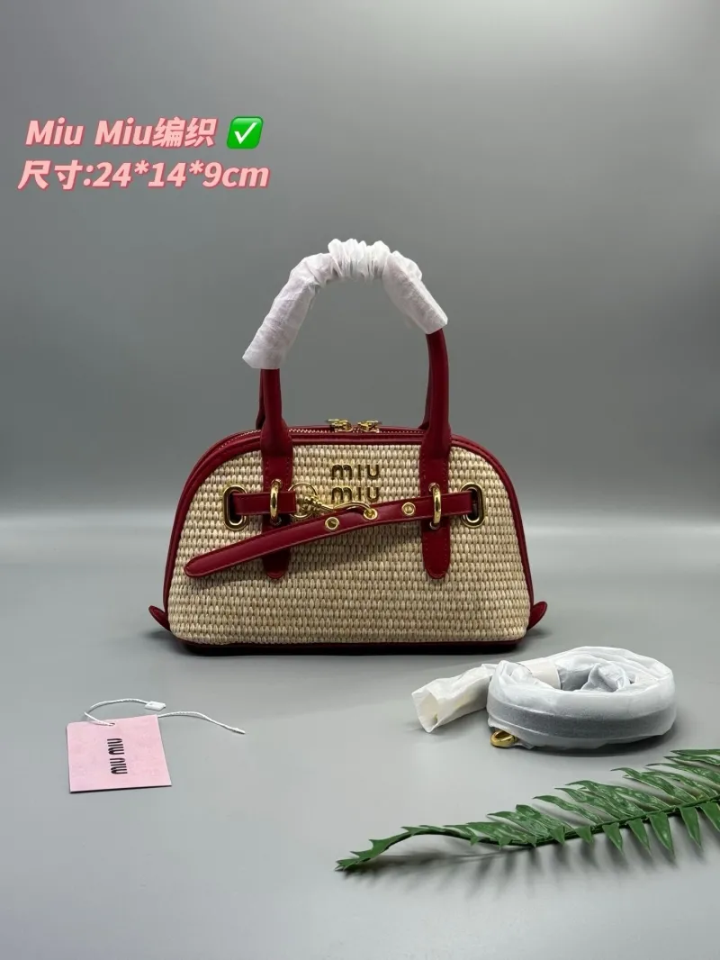 Miu Miu Woven Straw Top Handle Bag Red Beige