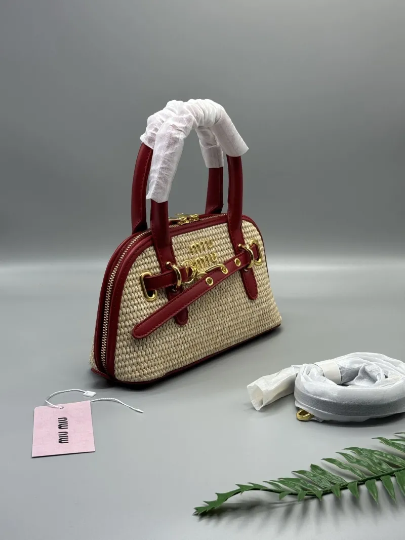 Alternative view of Miu Miu Woven Straw Top Handle Bag Red Beige