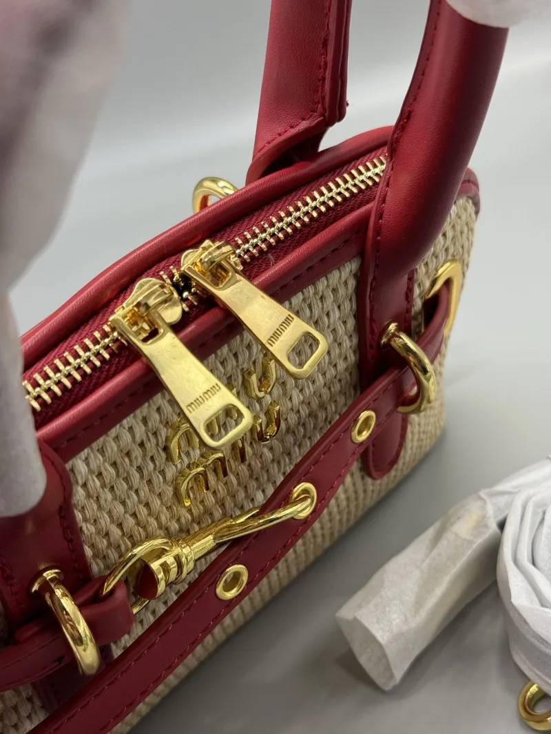 Miu Miu Woven Straw Top Handle Bag Red Beige - Image 3