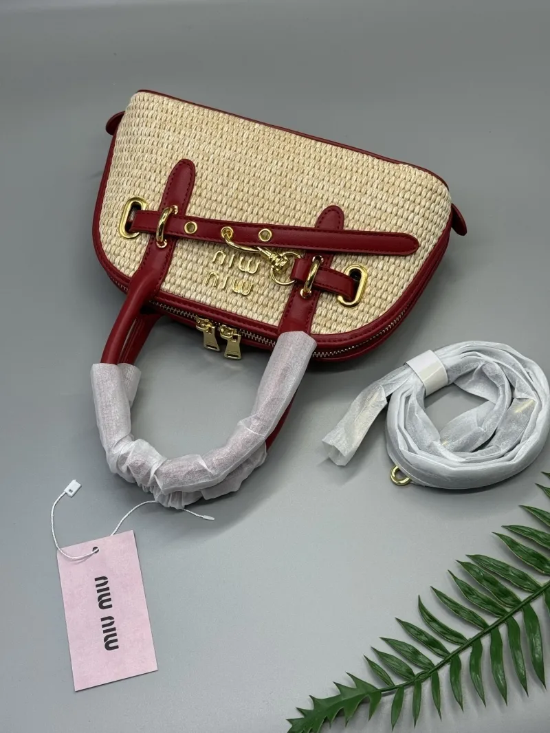 Miu Miu Woven Straw Top Handle Bag Red Beige - Image 4