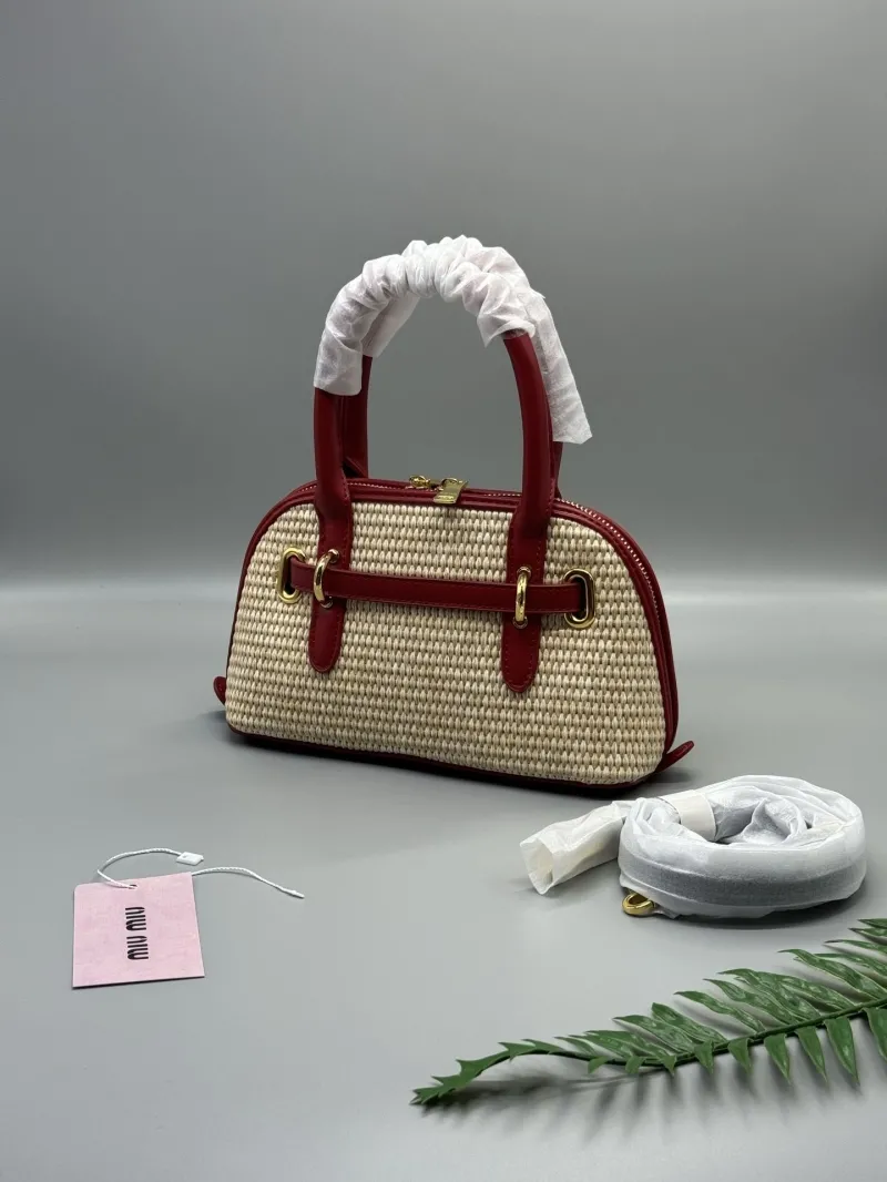 Miu Miu Woven Straw Top Handle Bag Red Beige - Image 5