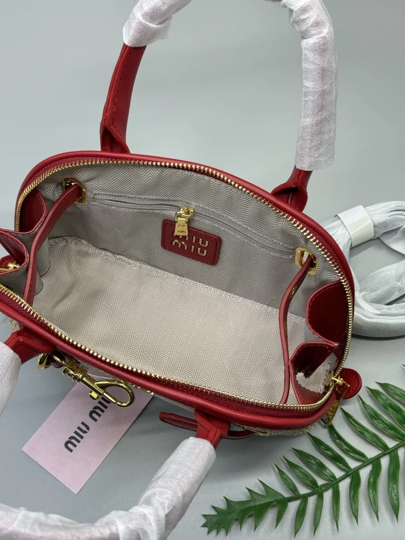 Miu Miu Woven Straw Top Handle Bag Red Beige - Image 6