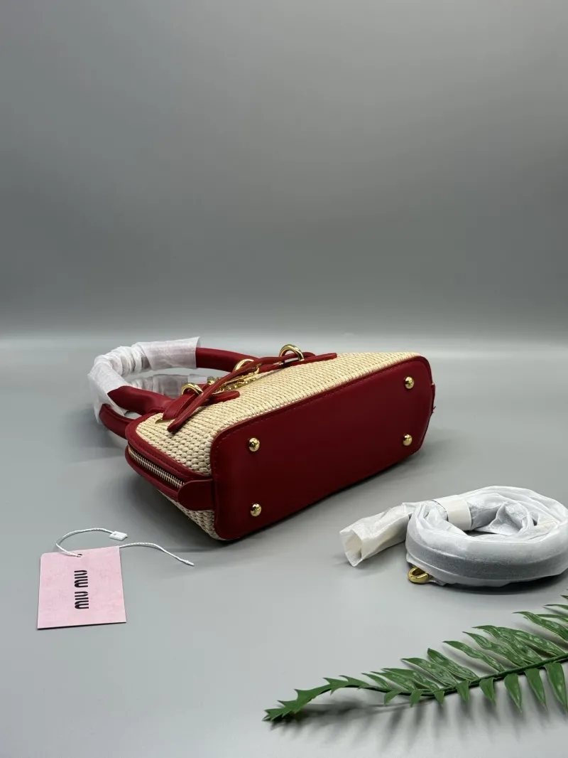 Miu Miu Woven Straw Top Handle Bag Red Beige - Image 8