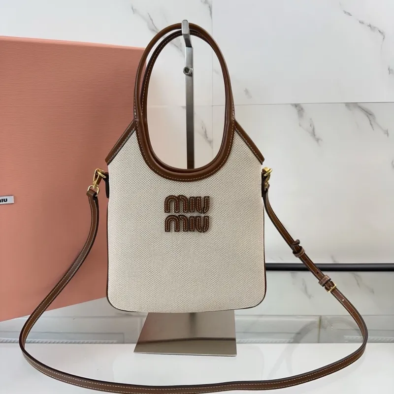 Miu Miu Beige Brown Canvas Crossbody Tote Bag