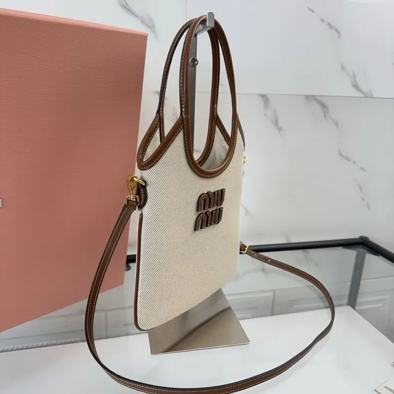 Miu Miu Beige Brown Canvas Crossbody Tote Bag - Image 3