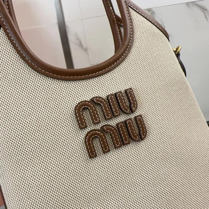 Miu Miu Beige Brown Canvas Crossbody Tote Bag - Image 4