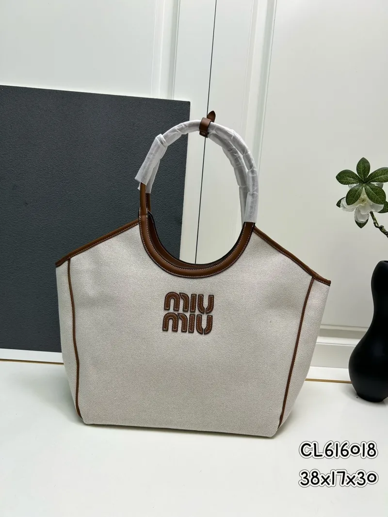 Miu Miu Canvas Top Handle Tote Bag CL616018 Beige Brown