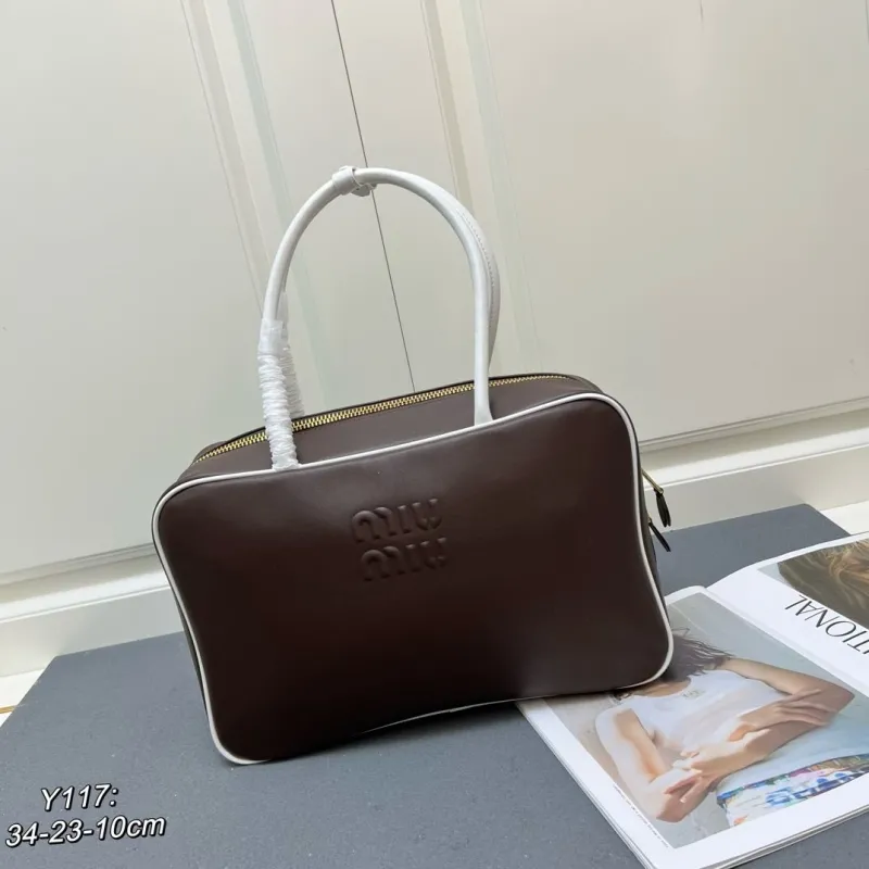 MIU MIU Brown White Top Handle Leather Bag