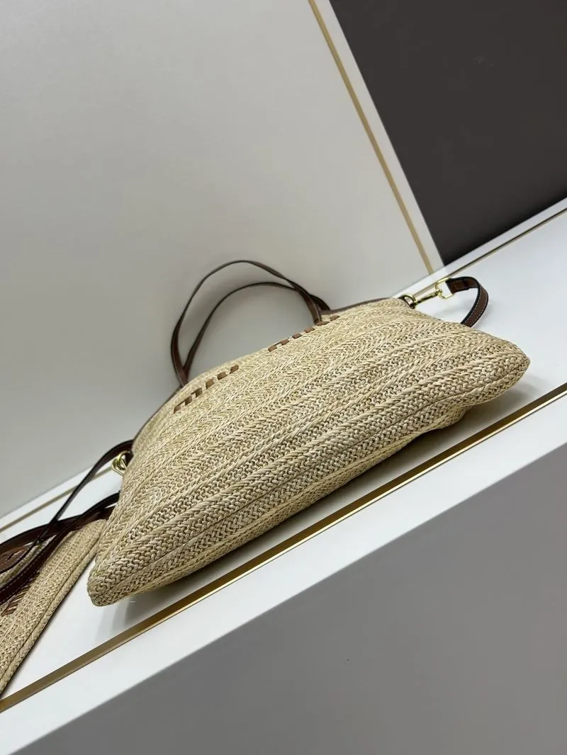 MIU MIU Straw Tote Bag with Pouch Beige Brown Trim 809 - Image 3