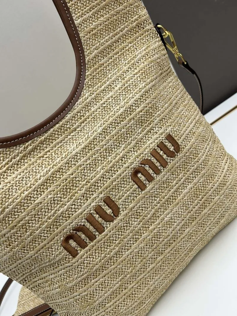 MIU MIU Straw Tote Bag with Pouch Beige Brown Trim 809 - Image 4