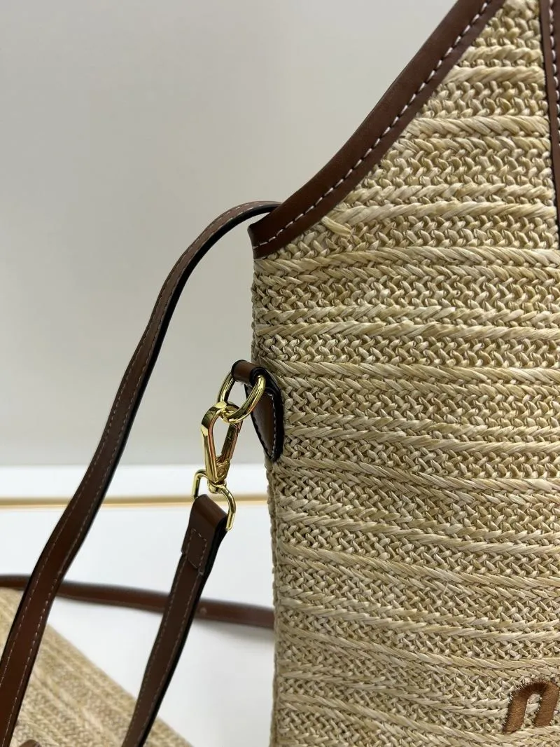 MIU MIU Straw Tote Bag with Pouch Beige Brown Trim 809 - Image 5