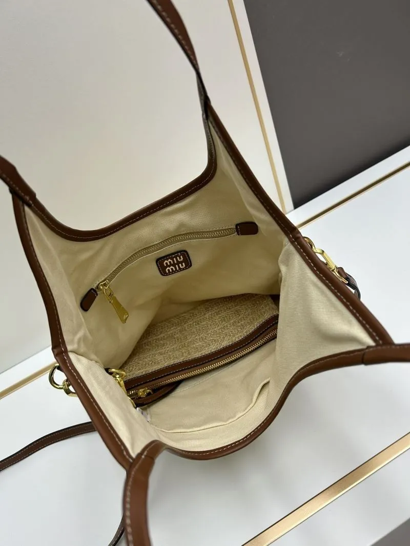 MIU MIU Straw Tote Bag with Pouch Beige Brown Trim 809 - Image 6