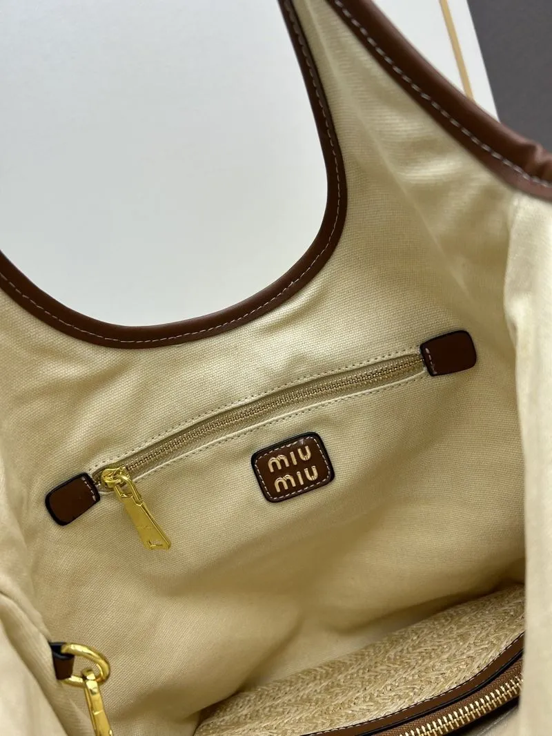 MIU MIU Straw Tote Bag with Pouch Beige Brown Trim 809 - Image 7