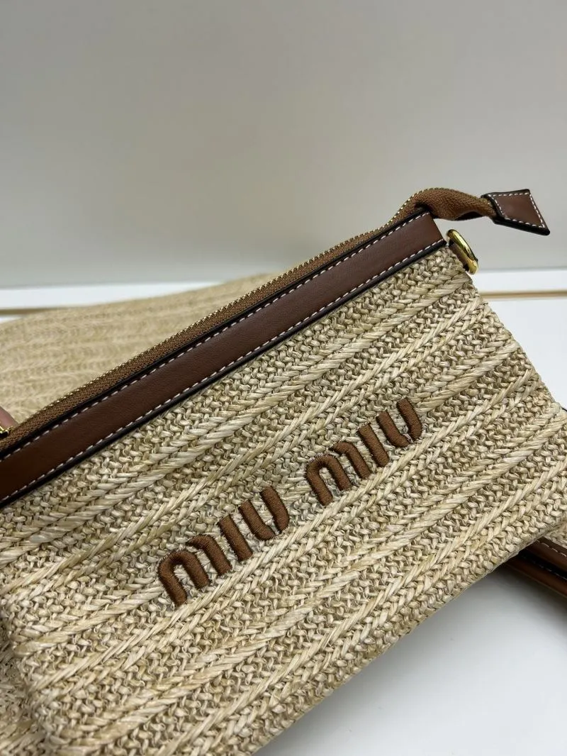 MIU MIU Straw Tote Bag with Pouch Beige Brown Trim 809 - Image 8