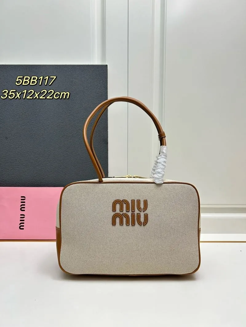 MIU MIU 5BB117 Beige Canvas Top Handle Bag