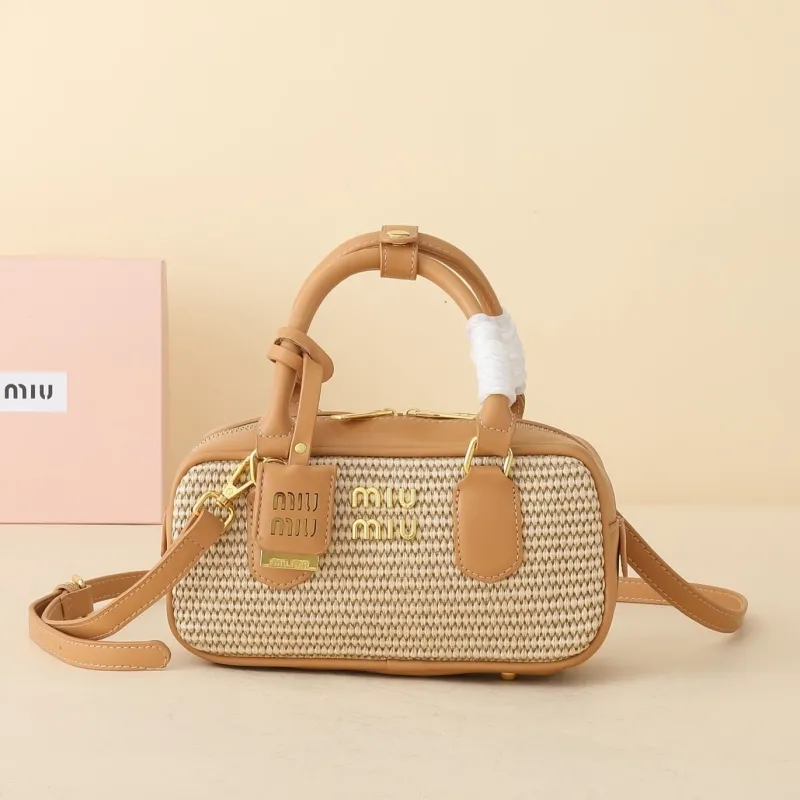 MIU MIU Beige Woven Top Handle Crossbody Bag