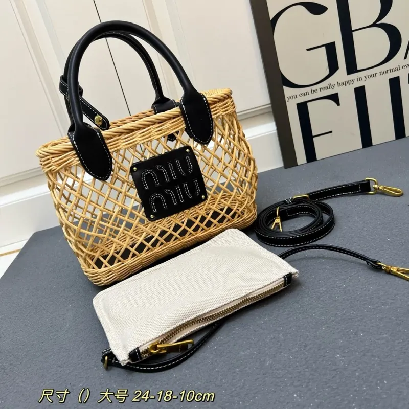 MIU MIU Large Woven Rattan Basket Tote Bag with Strap - Image 3