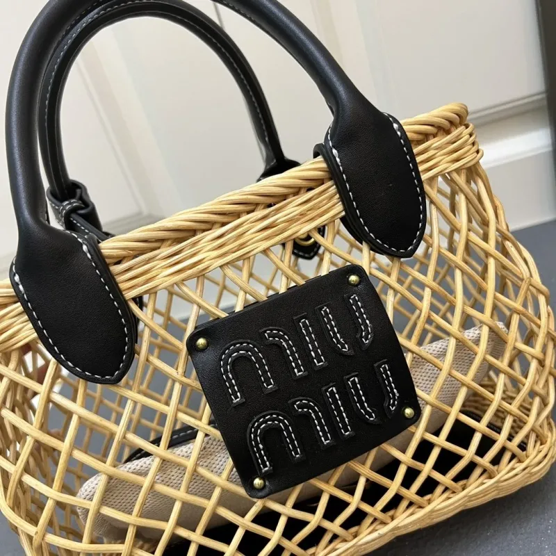 MIU MIU Large Woven Rattan Basket Tote Bag with Strap - Image 4
