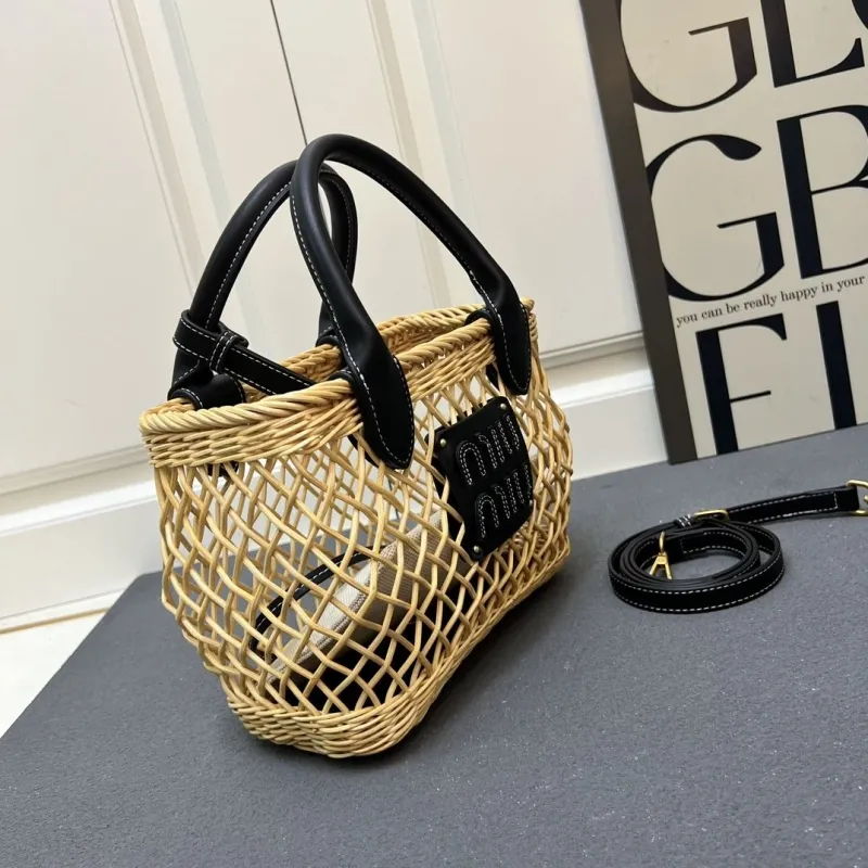 MIU MIU Large Woven Rattan Basket Tote Bag with Strap - Image 5