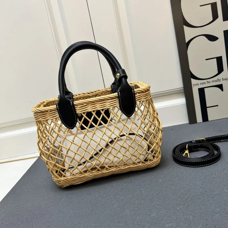 MIU MIU Large Woven Rattan Basket Tote Bag with Strap - Image 6