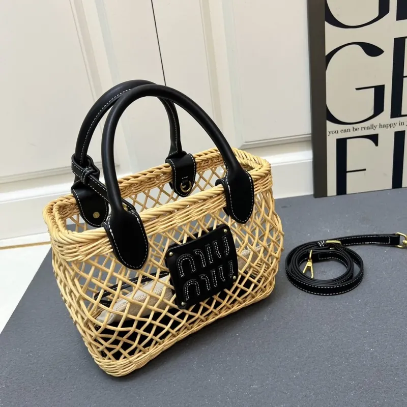 MIU MIU Large Woven Rattan Basket Tote Bag with Strap - Image 7