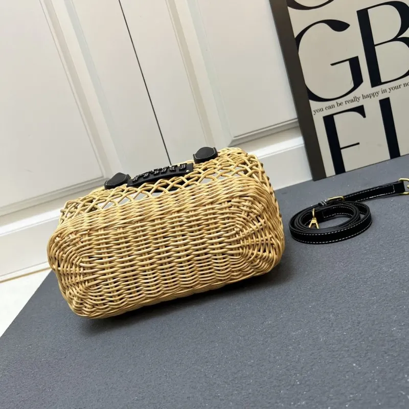 MIU MIU Large Woven Rattan Basket Tote Bag with Strap - Image 8