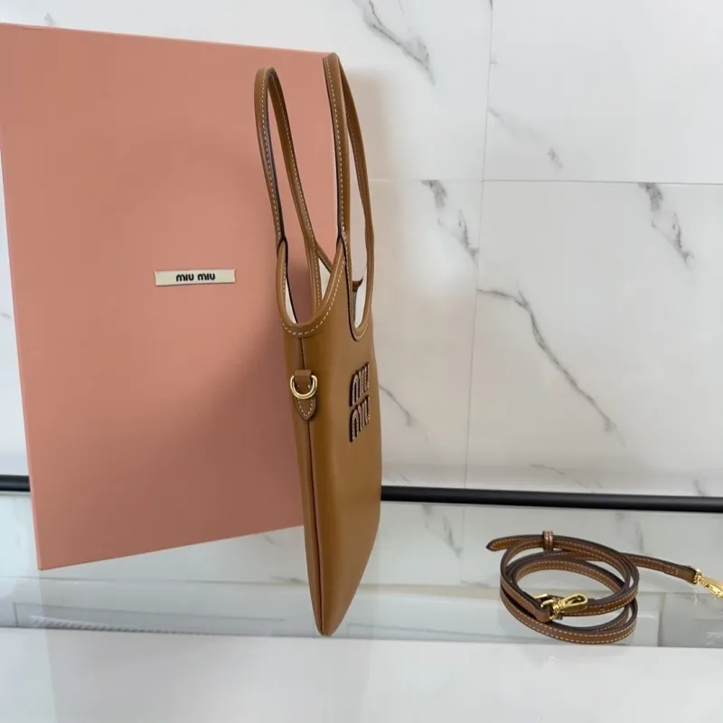 Miu Miu Brown Leather Tote Bag with Shoulder Strap - Image 3