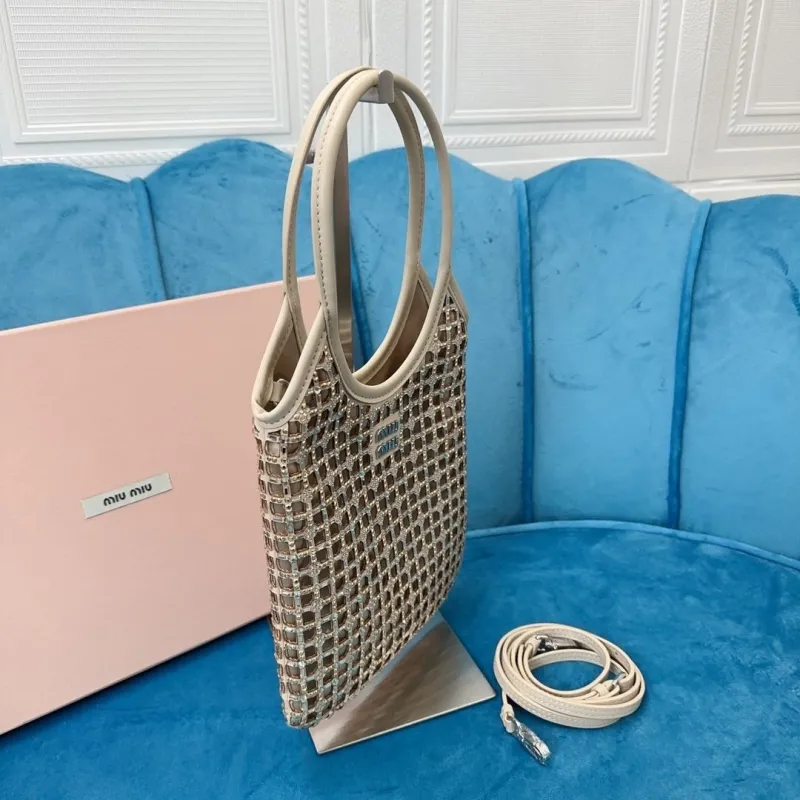 Miu Miu Crystal Embellished Mini Tote Bag Beige - Image 3