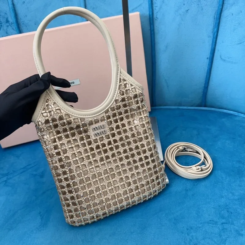 Miu Miu Crystal Embellished Mini Tote Bag Beige - Image 5