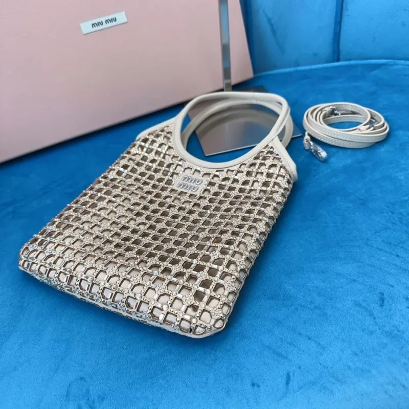 Miu Miu Crystal Embellished Mini Tote Bag Beige - Image 6