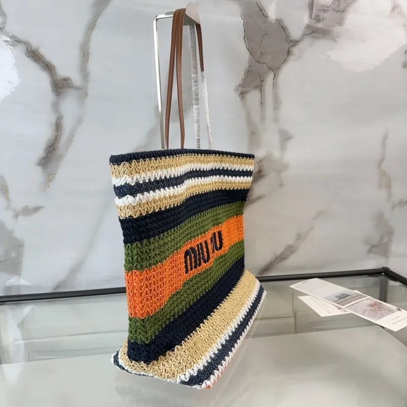 Miu Miu Multicolor Striped Straw Tote Bag - Image 3