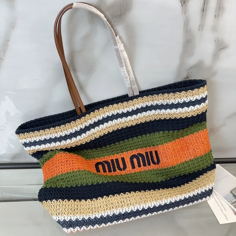 Miu Miu Multicolor Striped Straw Tote Bag - Image 9