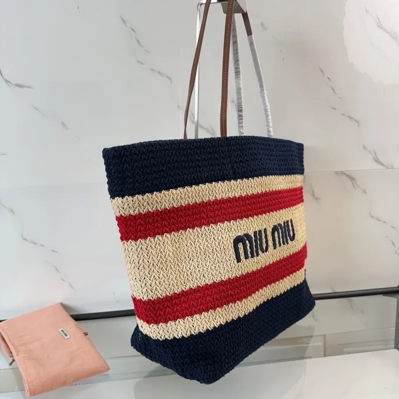 Miu Miu Striped Straw Tote Bag - Image 3