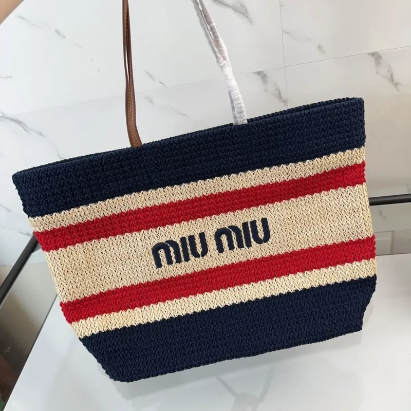 Miu Miu Striped Straw Tote Bag - Image 6