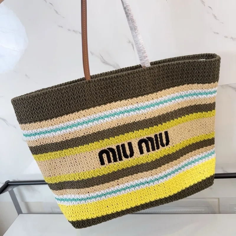 Miu Miu Striped Straw Tote Bag - Image 5