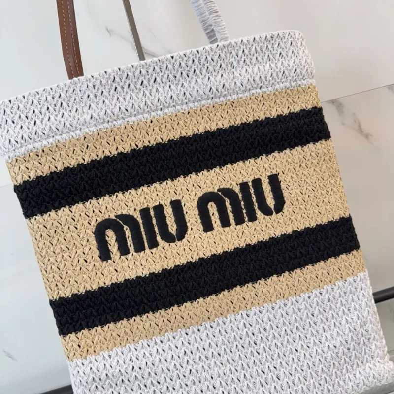 Miu Miu Striped Straw Tote Bag - Image 4