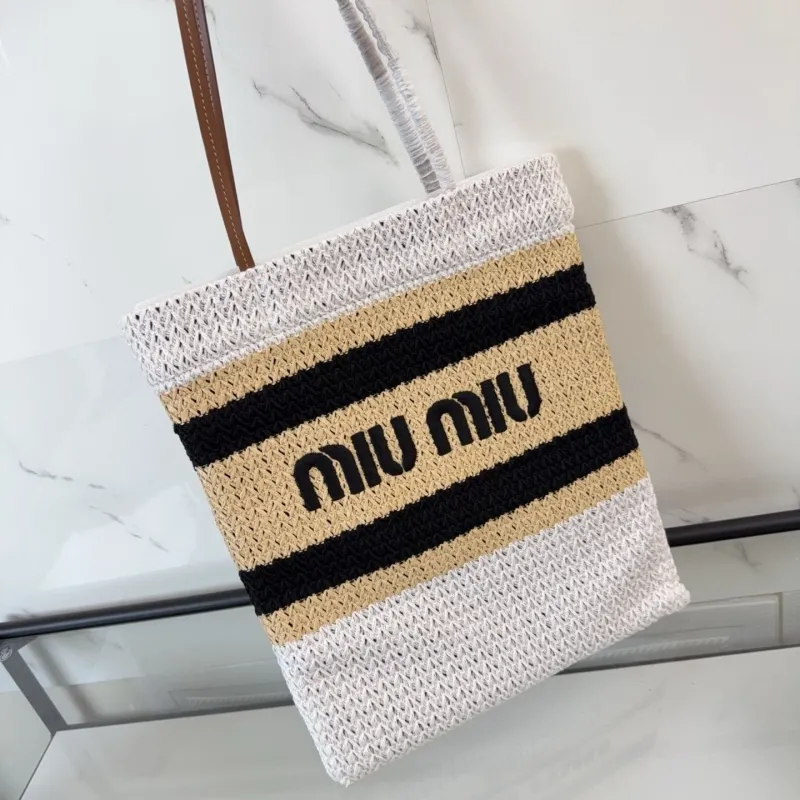 Miu Miu Striped Straw Tote Bag - Image 5