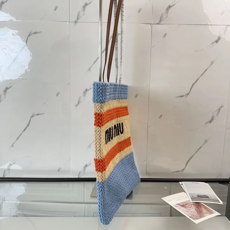 MIU MIU Blue Beige Orange Striped Straw Tote Bag - Image 3