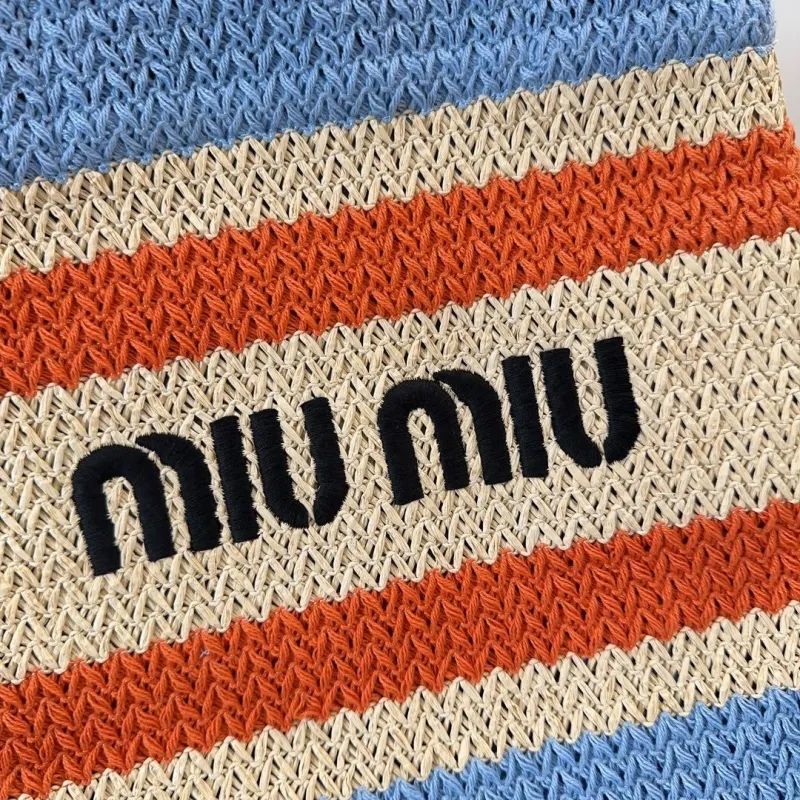 MIU MIU Blue Beige Orange Striped Straw Tote Bag - Image 4