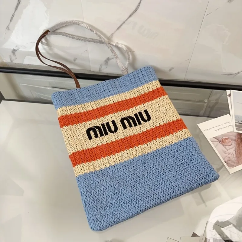 MIU MIU Blue Beige Orange Striped Straw Tote Bag - Image 5