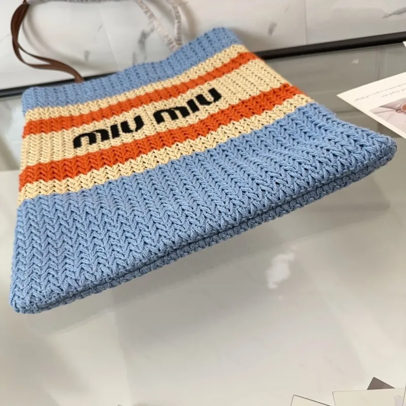 MIU MIU Blue Beige Orange Striped Straw Tote Bag - Image 6