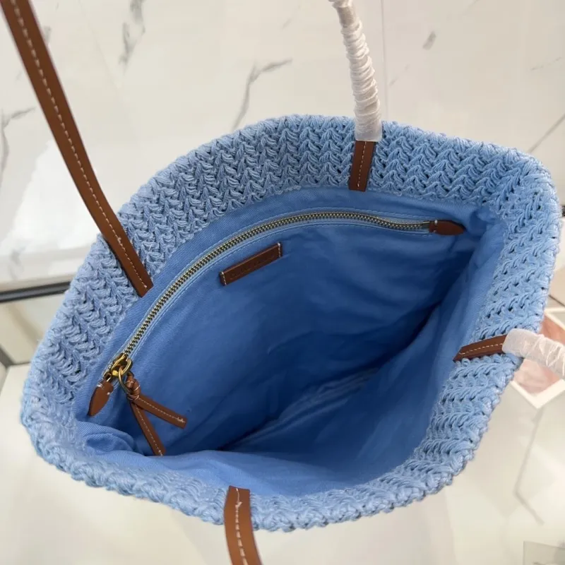 MIU MIU Blue Beige Orange Striped Straw Tote Bag - Image 7