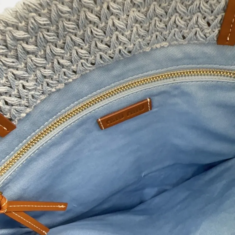 MIU MIU Blue Beige Orange Striped Straw Tote Bag - Image 8