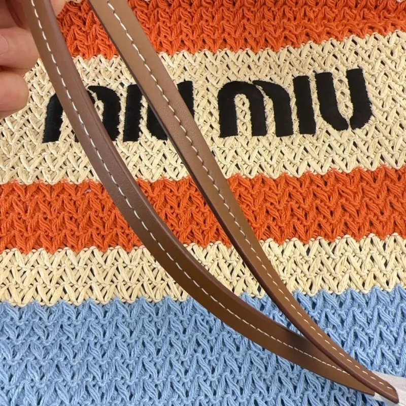 MIU MIU Blue Beige Orange Striped Straw Tote Bag - Image 9