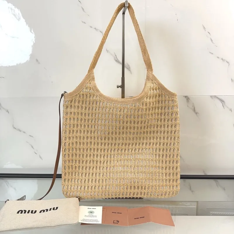 MIU MIU Beige Straw Tote Bag with Pouch - Image 3