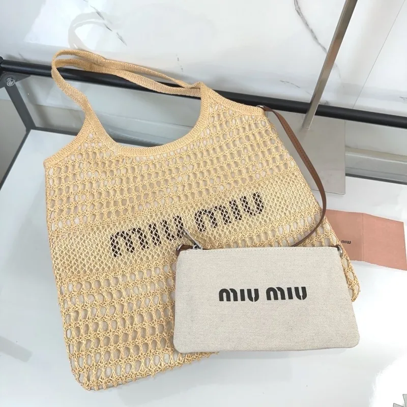 MIU MIU Beige Straw Tote Bag with Pouch - Image 9