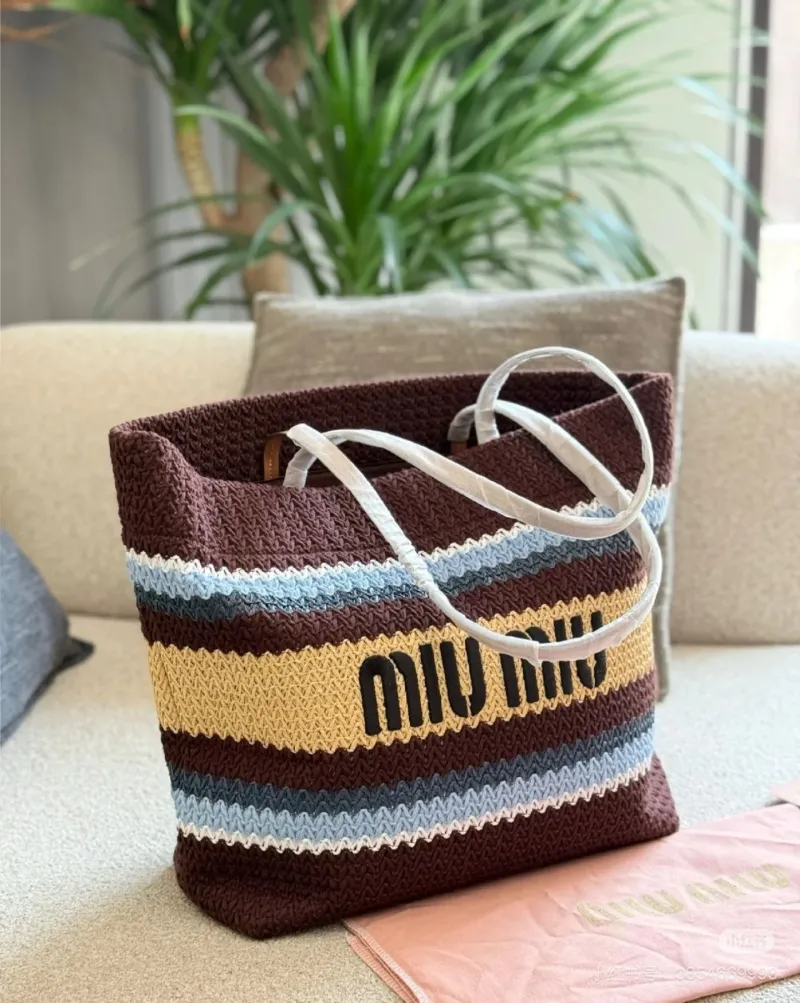Miu Miu Striped Woven Tote Bag - Image 9