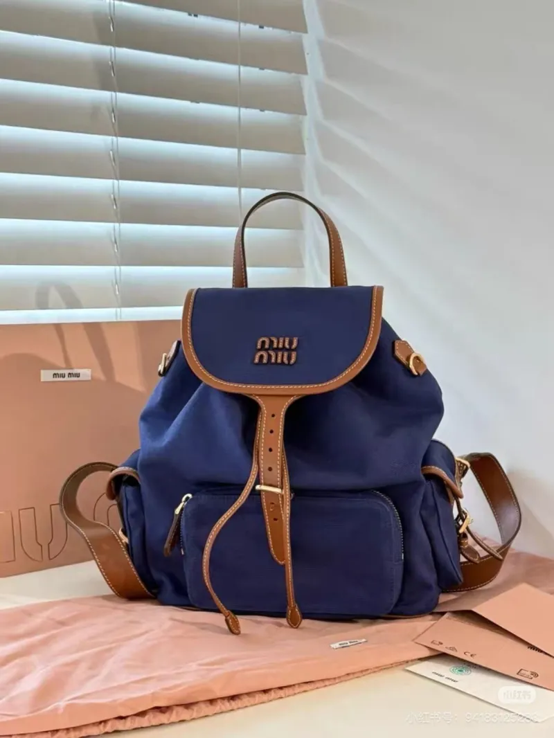 Miu Miu Navy Blue Leather Trim Backpack