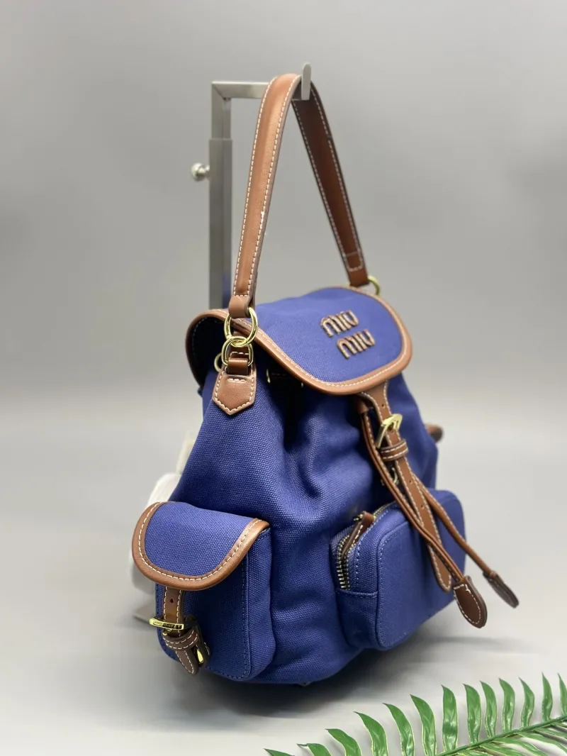 Miu Miu Blue Canvas Leather Backpack - Image 3